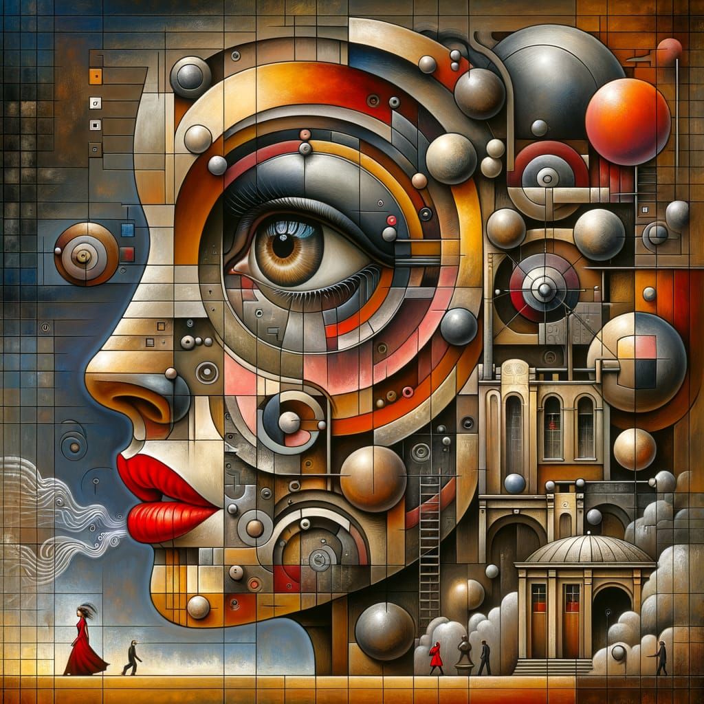 Surreal Woman with Miniature Scenes in Earthy Tones