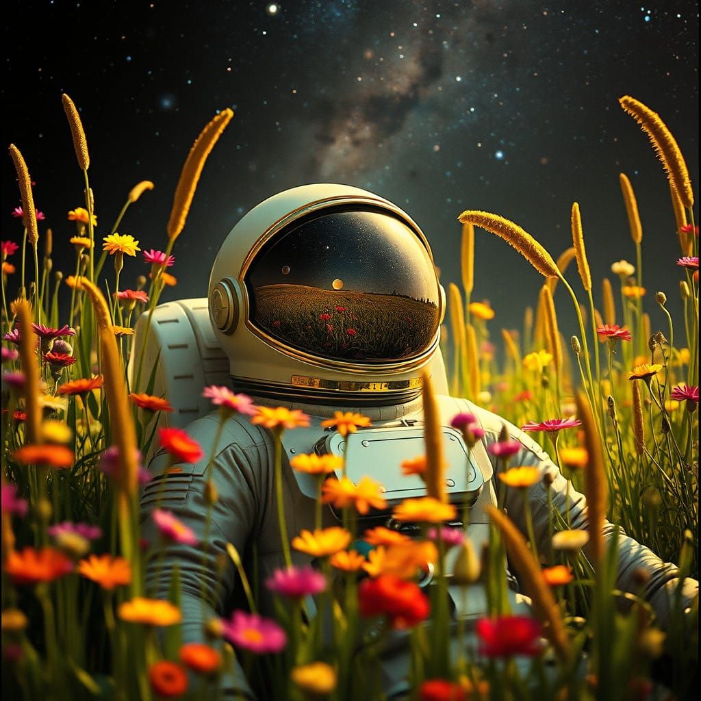 Serenely Floating Astronaut in Vibrant Cosmic Garden