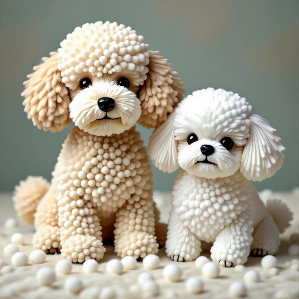 Textured mixed media 3d cute poodle and white Pekingese made...