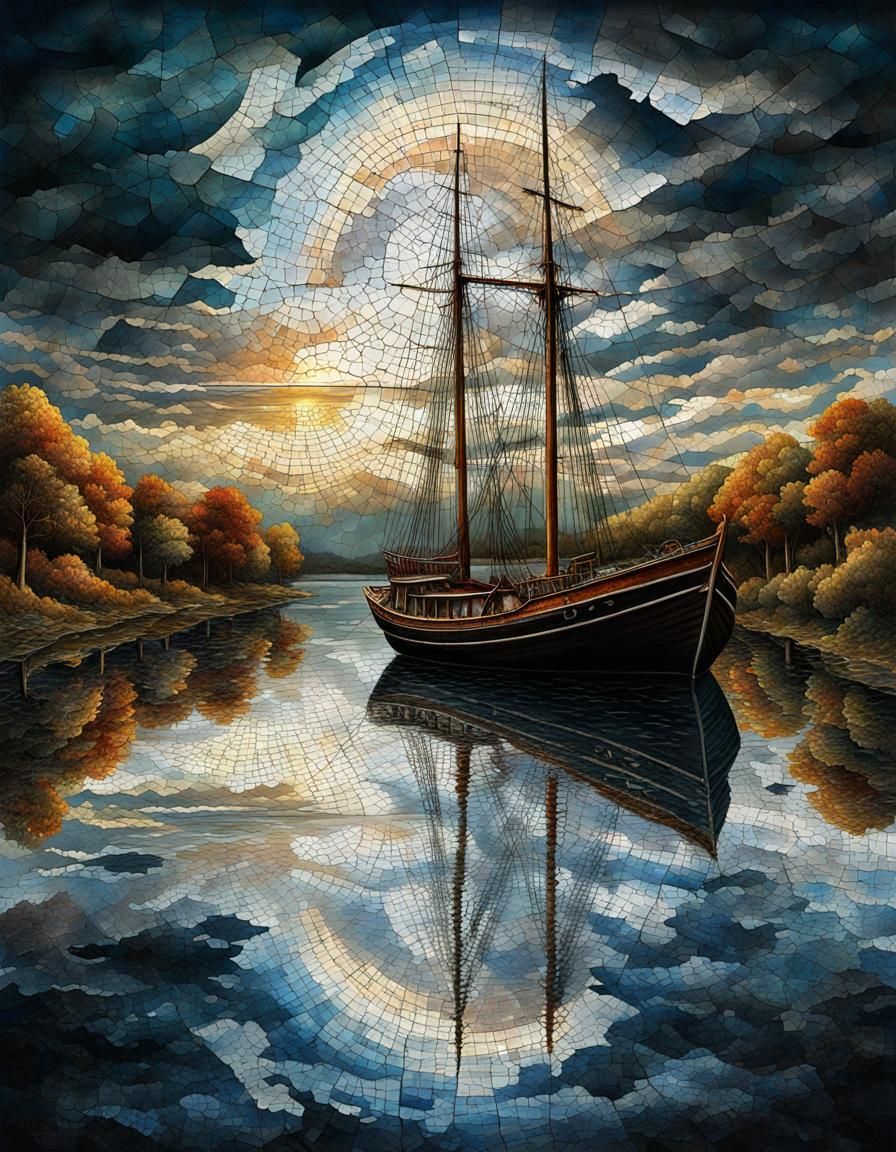 Mosaic Boat on Cracked Paper with Double Exposure