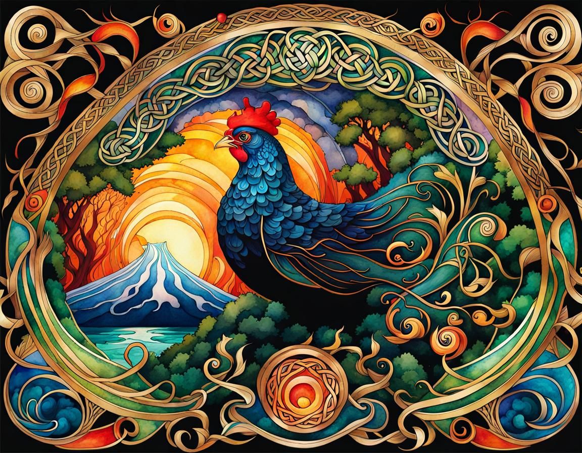 Celtic Chicken Nouveau Vague Watercolor Illustration