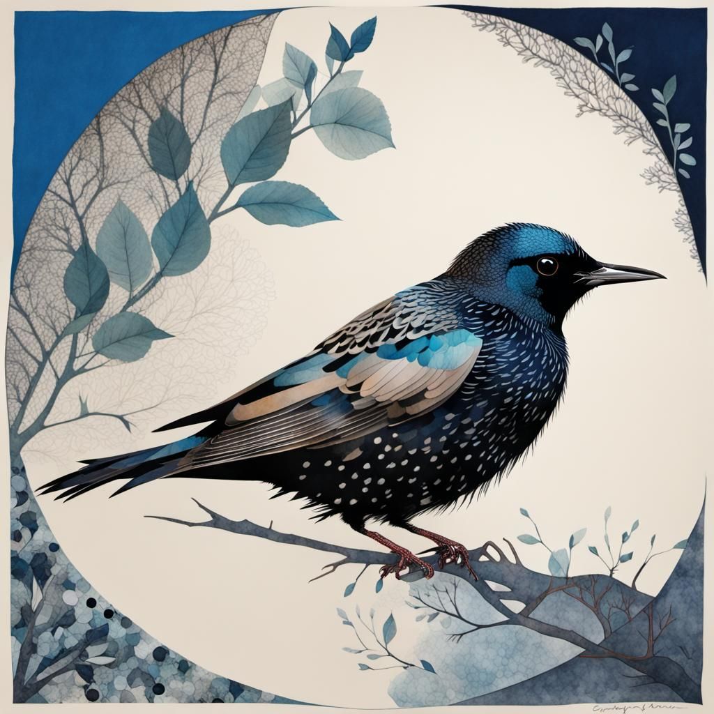 Starling Double Exposure in Bold Ink Style