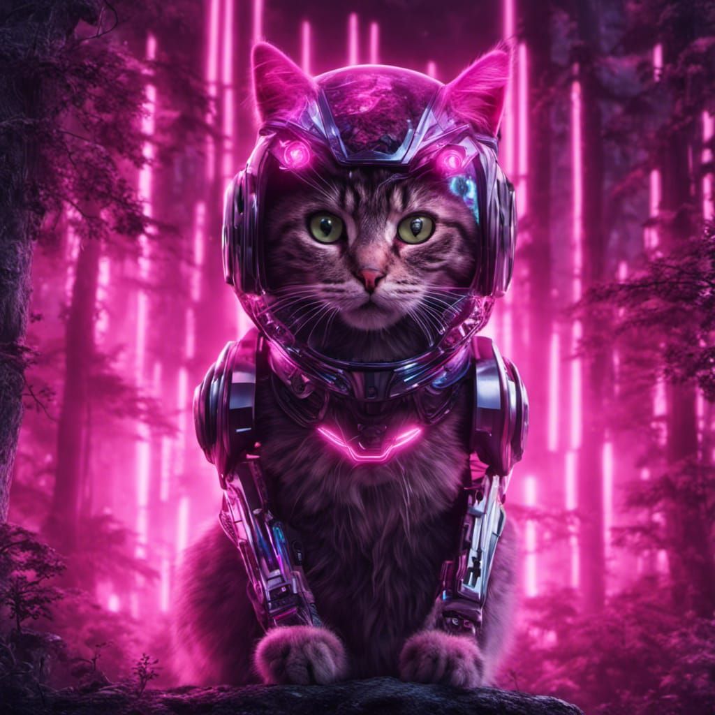 Pink Cyborg Kitty Portrait in Neon Forest