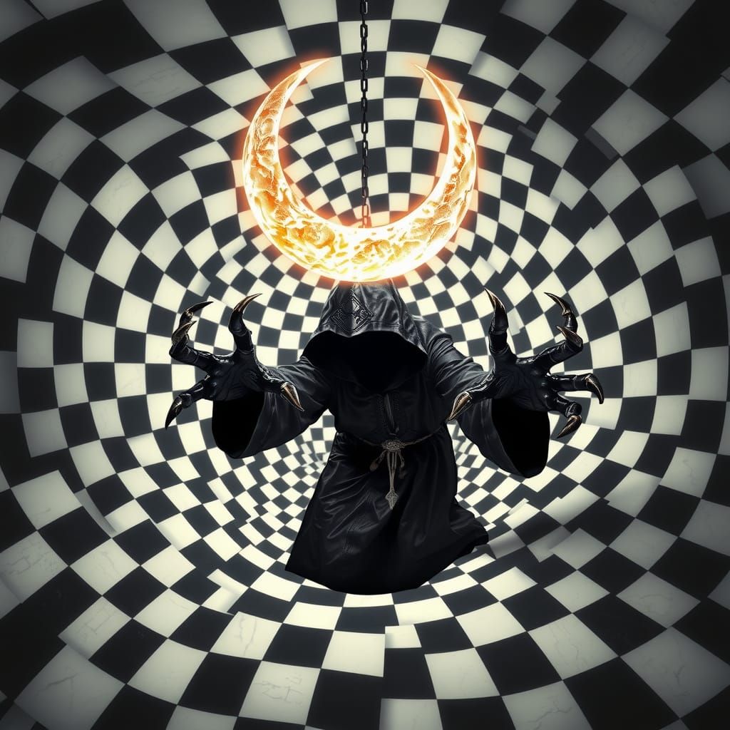 Hooded Figure Emerges from Escher-esque Geometry