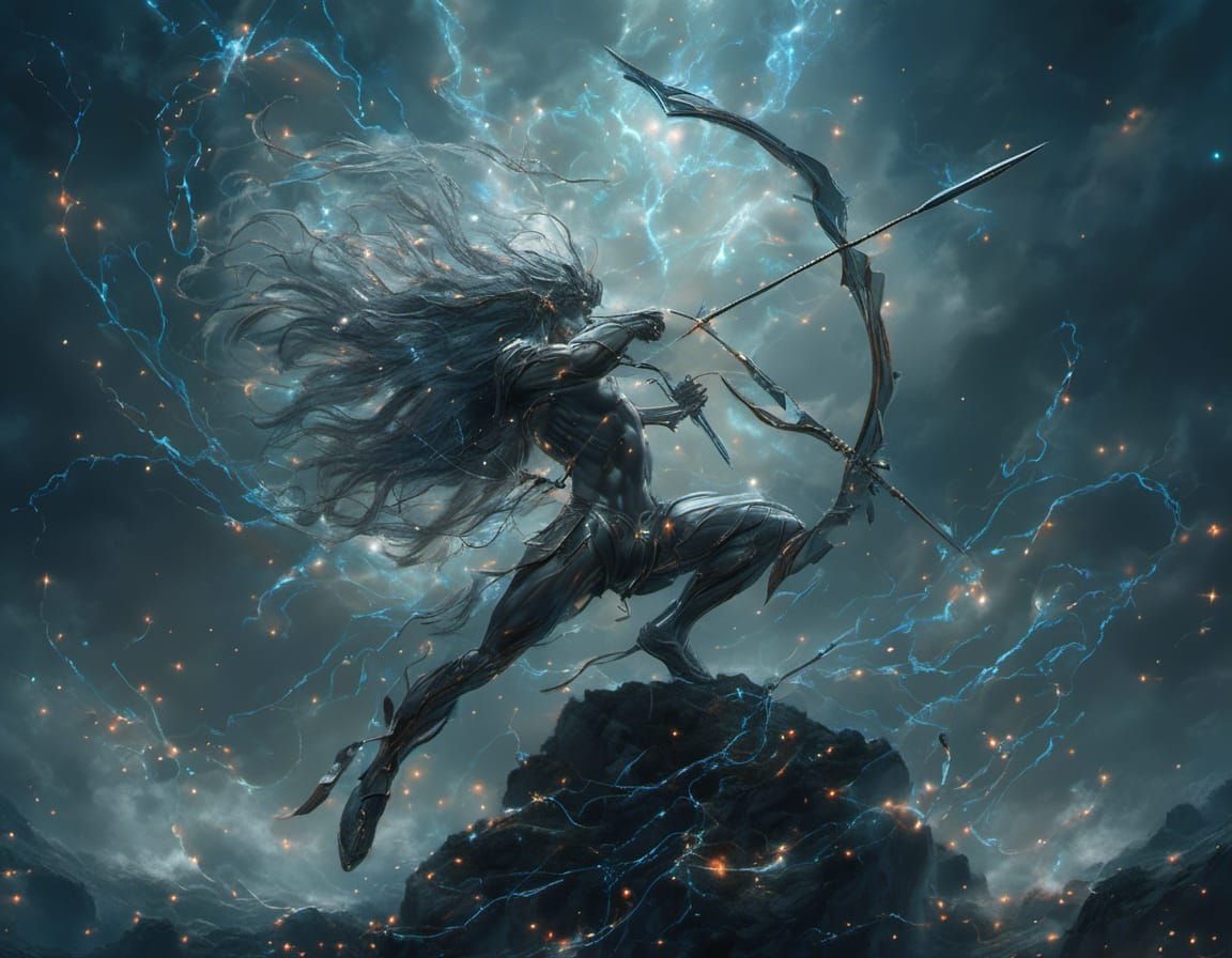 Sagittarius and Zeus Fusion in Godlike Cyberpunk Style