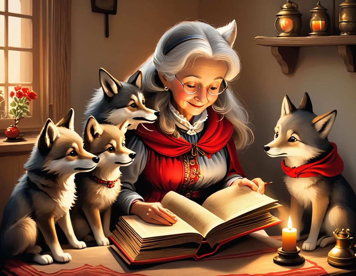 Charming Storybook Scene with Grandmother and Wolf Cubs