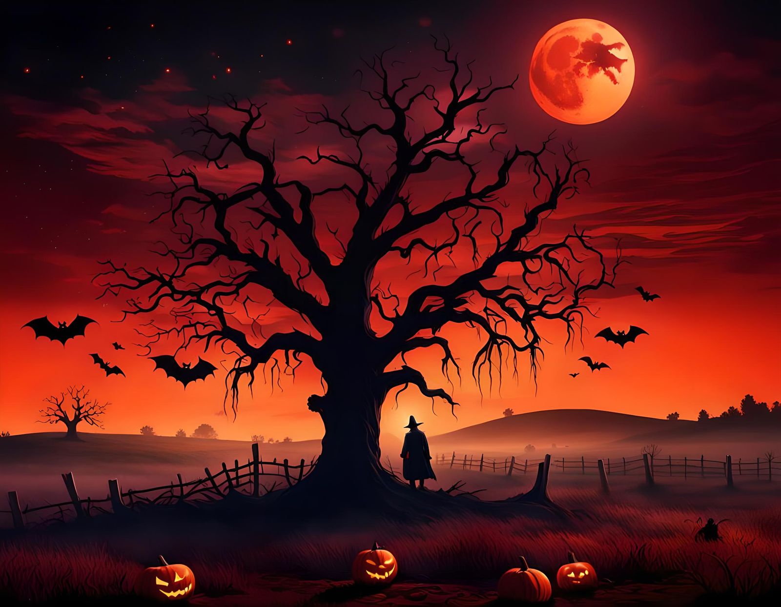 Halloween Night with Pumpkin, Bat, and Red Moon
