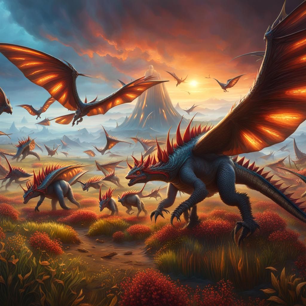 Cornataurs and Pterodactyls in a Detailed Matte Painting