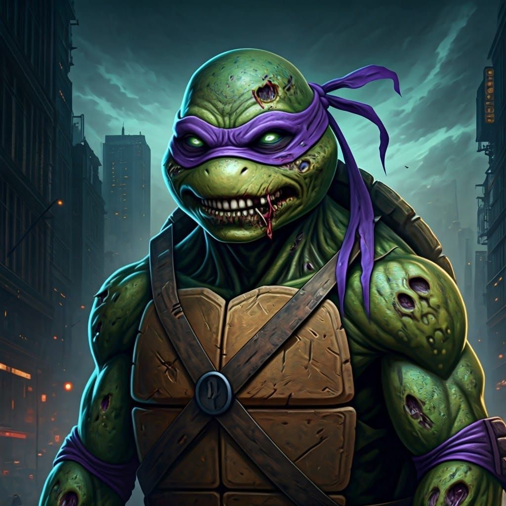 Zombie Ninja Turtle in Ethereal Neon Cityscape