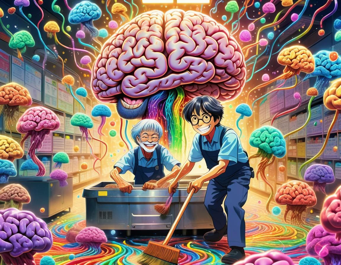 Happy Brain Janitor Sweeping in Anime Style