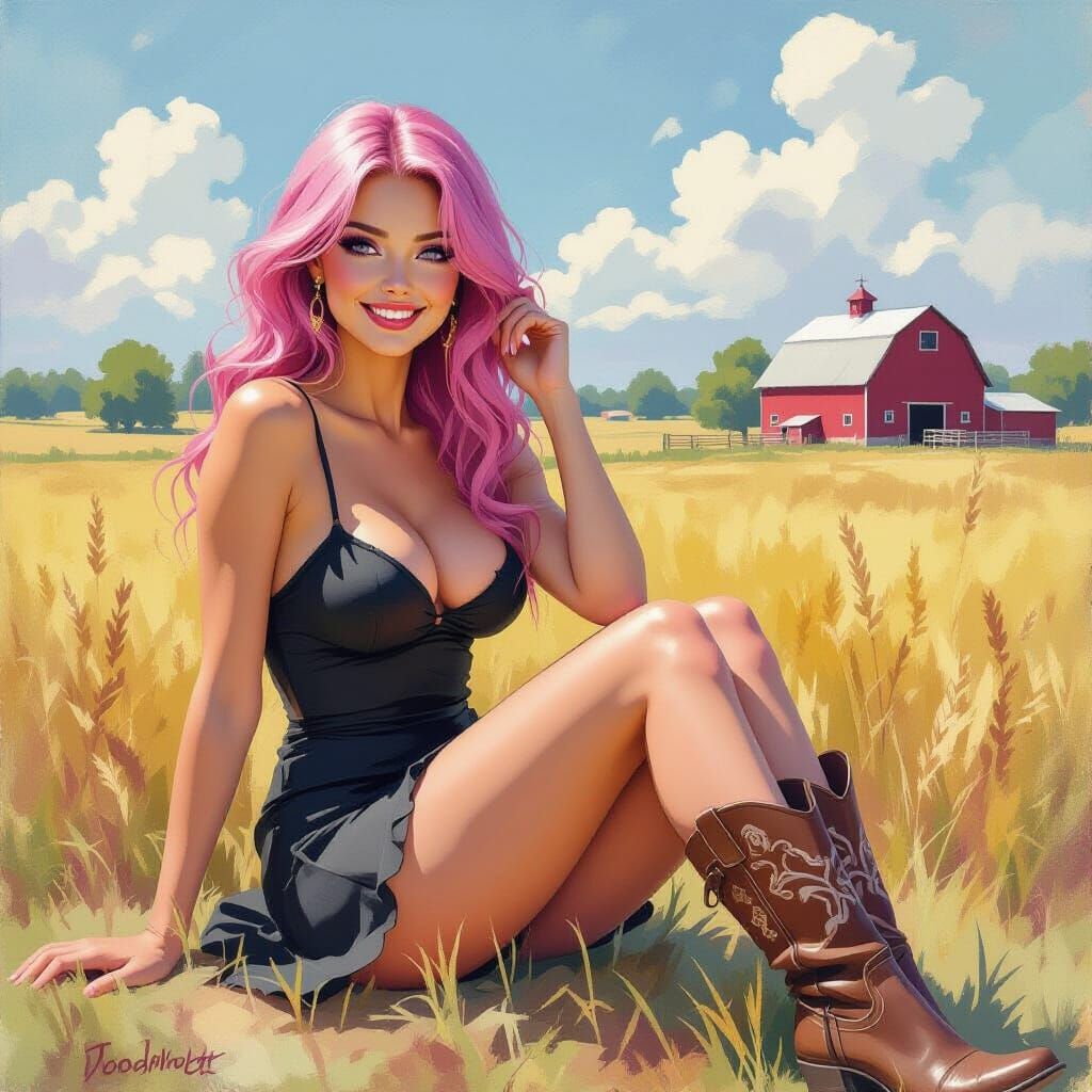 Pink Haired Woman in Sundress on Farm