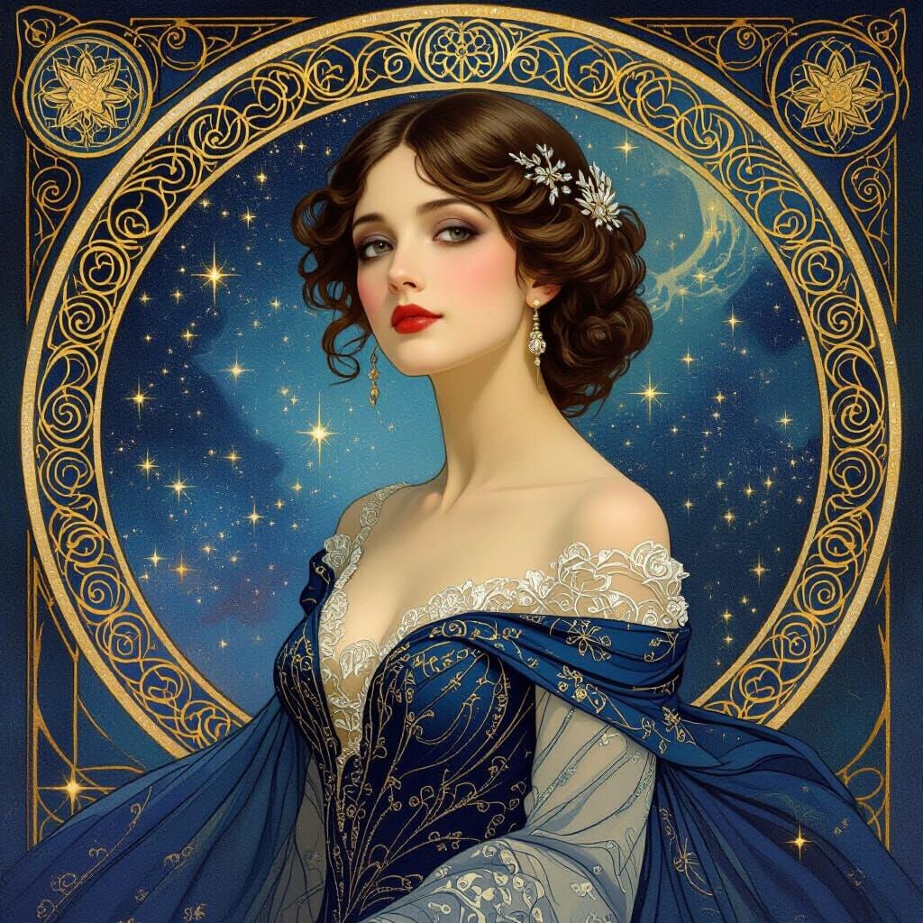 Elegant Woman in Stardust Nebula, Art Nouveau Cosmic Surreal...