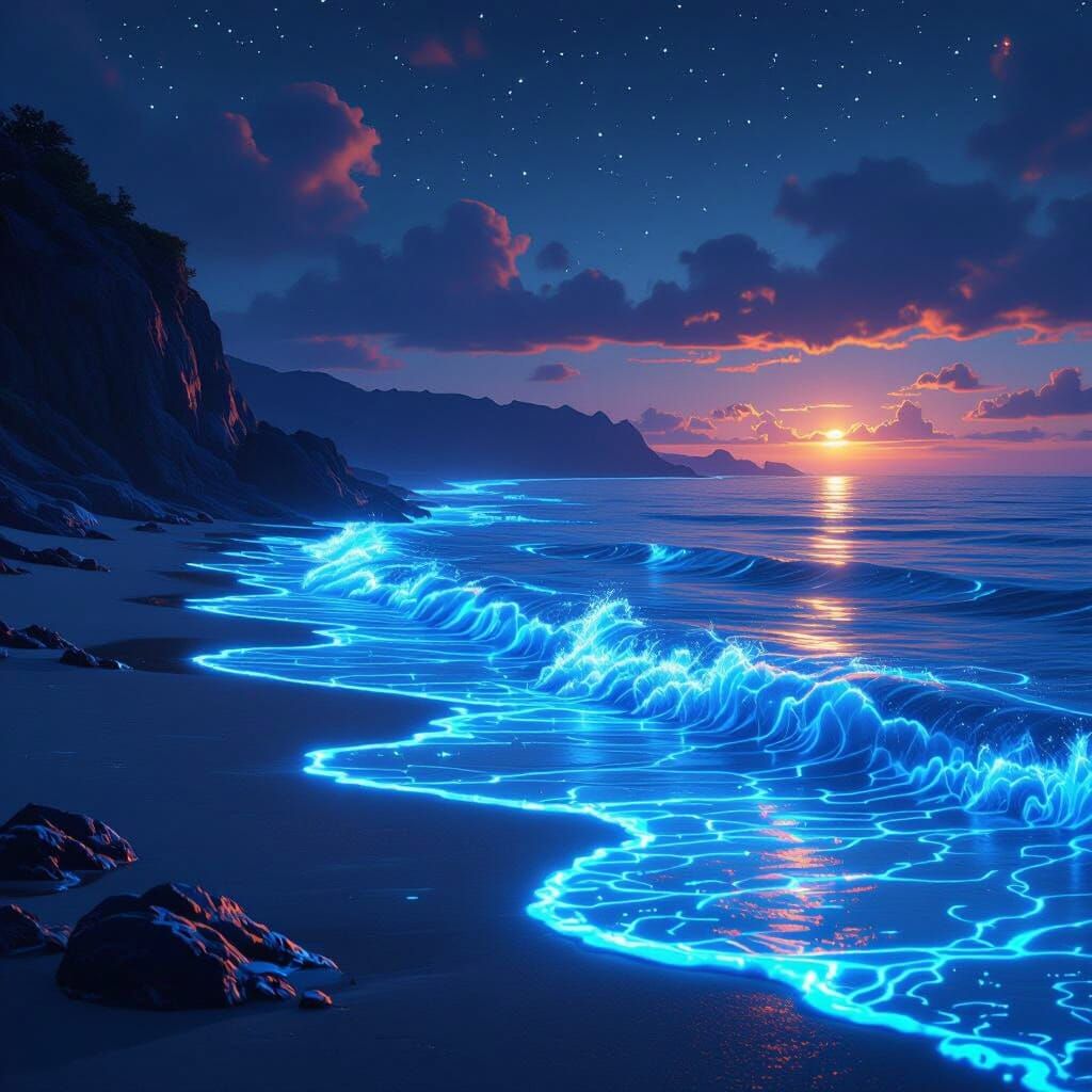 Night time scene: Bioluminescent waves lighting up the shore...