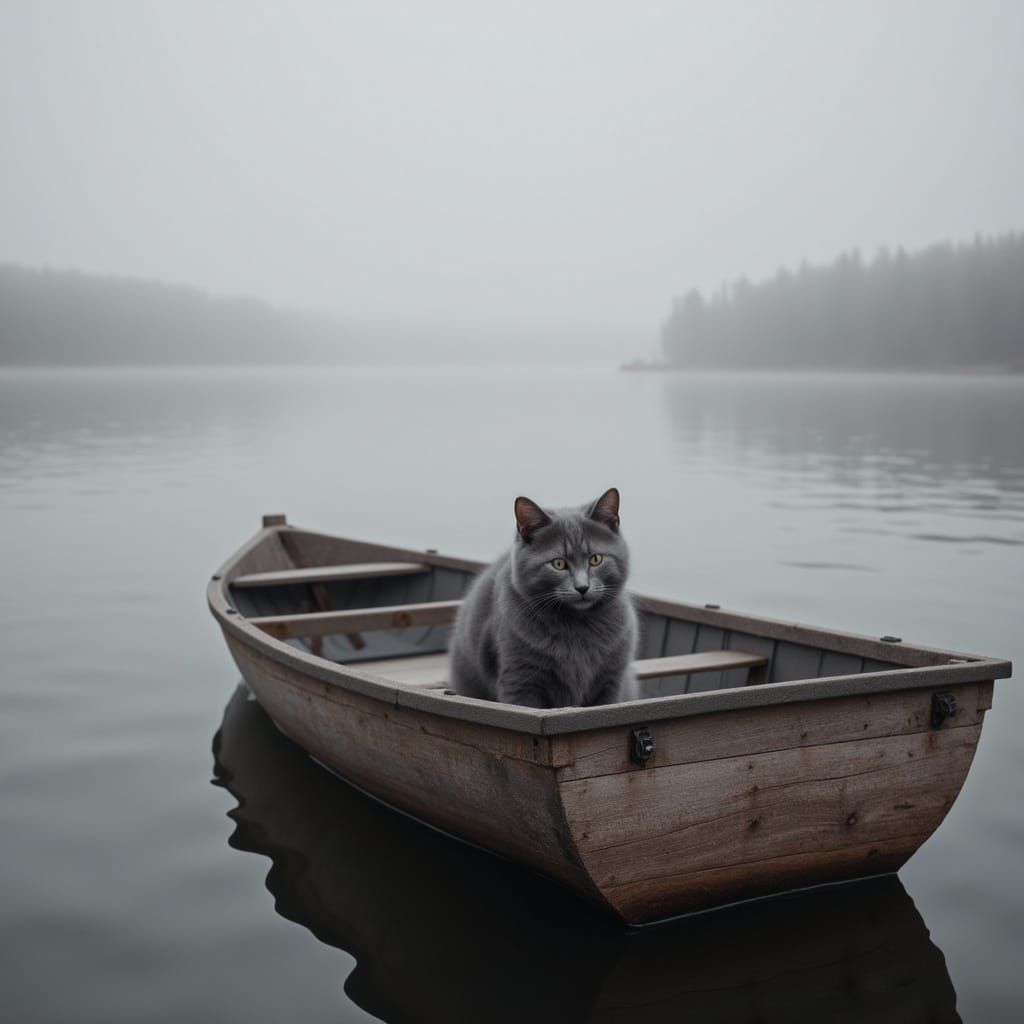 Whiskered Cat at Dawn on a Serene Lake