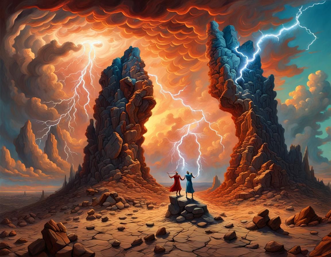 Gods Clash in Surreal Desert, Ernst-Inspired Oil Painting