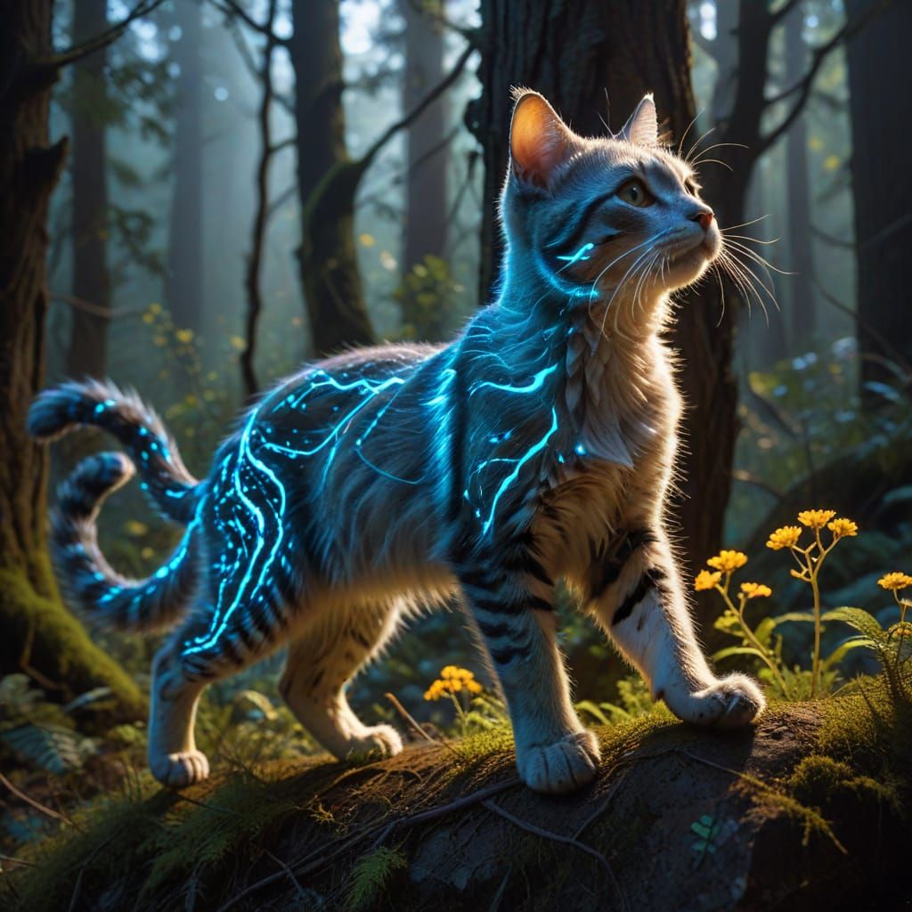 Cat Merged with Bioluminescent Forest in Double Exposure