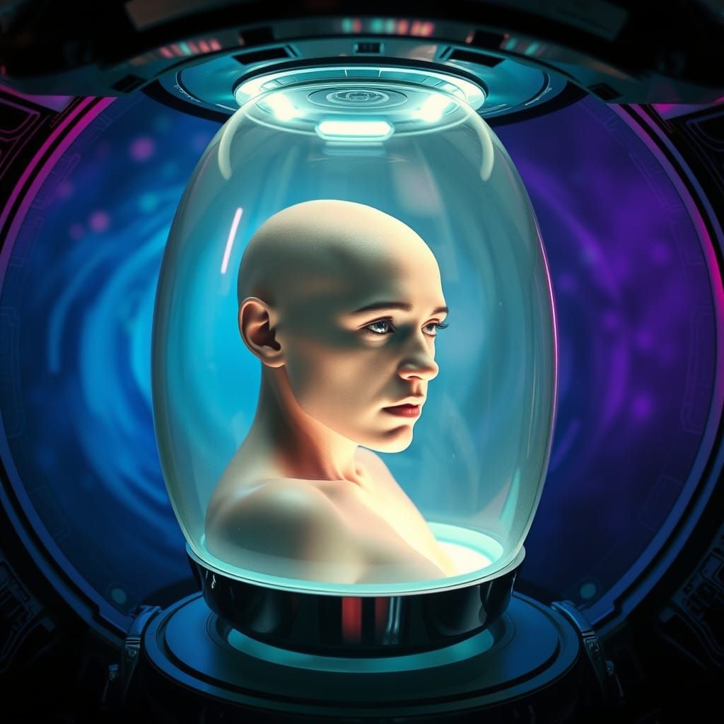 Serene Human in Futuristic UFO Incubator
