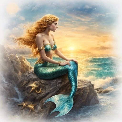 Detailed Watercolor Painting of a Mermaid on Rocks