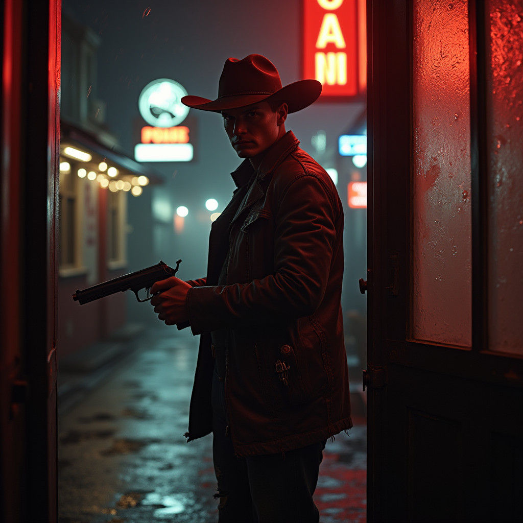 Cyberpunk Space Cowboy in Rain-Soaked Saloon