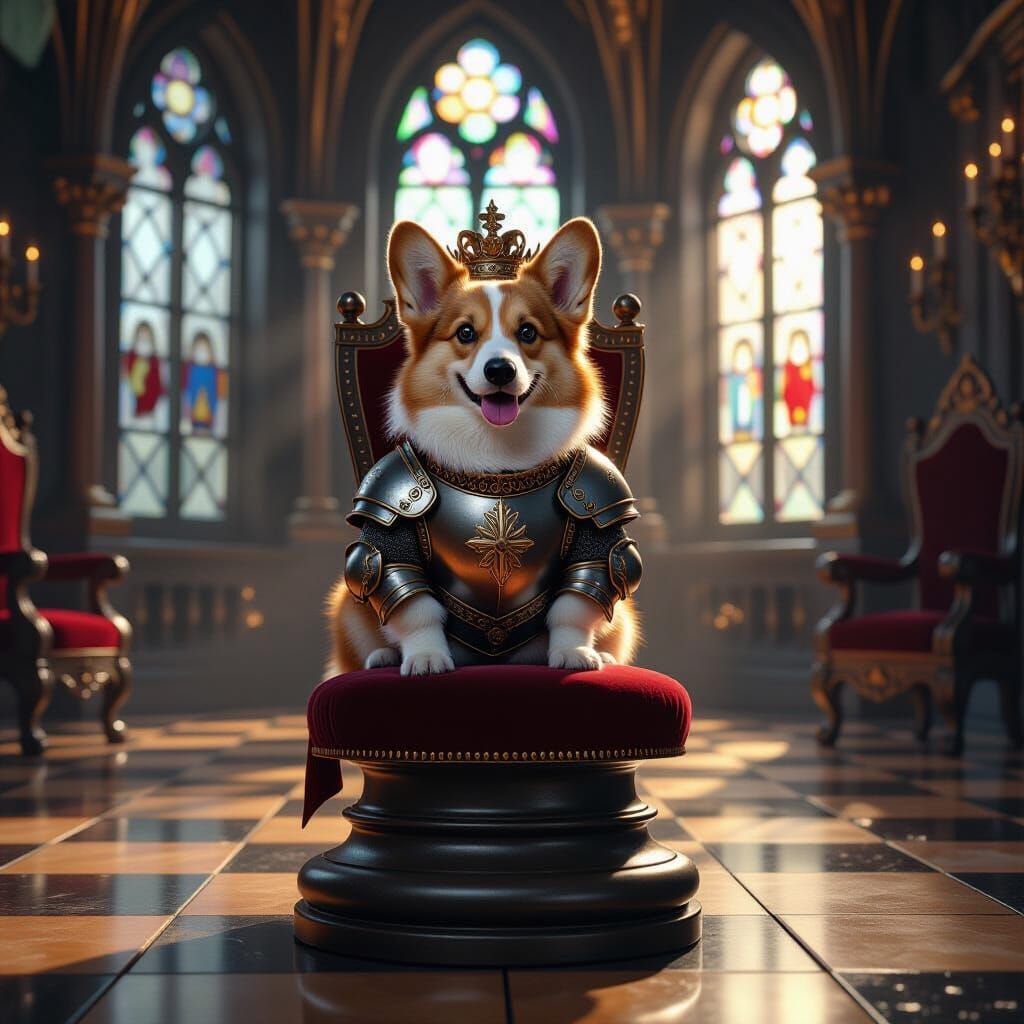 Regal Corgi Knight in Armor on Chess Piece