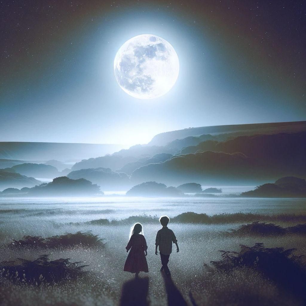 Moonlit Walk: Children Exploring a Vast Open Plain