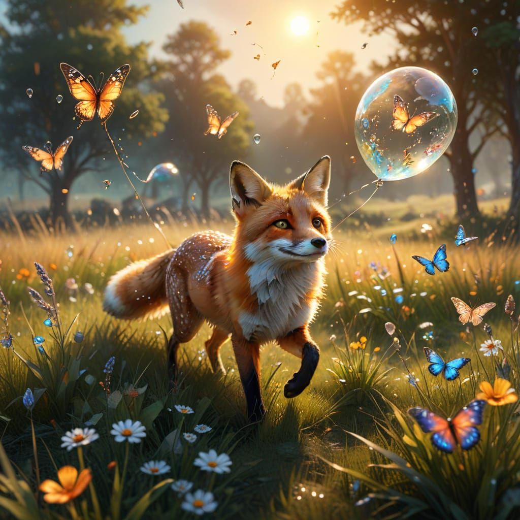 Fox Chasing Butterflies in Meadow: Oil Painting