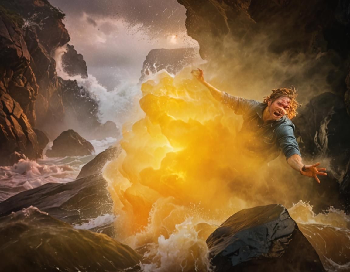 Person Clinging to Rock on Stormy Coast