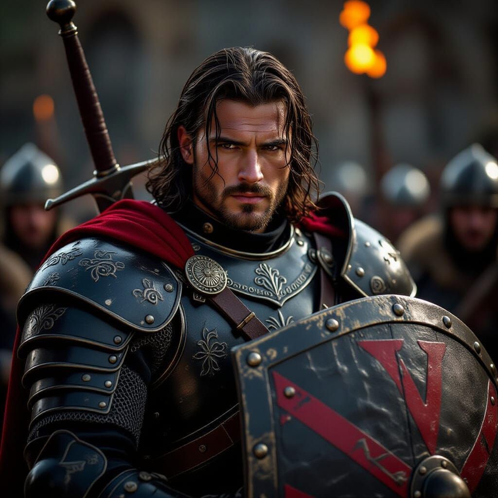 Epic Knight in Black Armor in Fantasy Realm