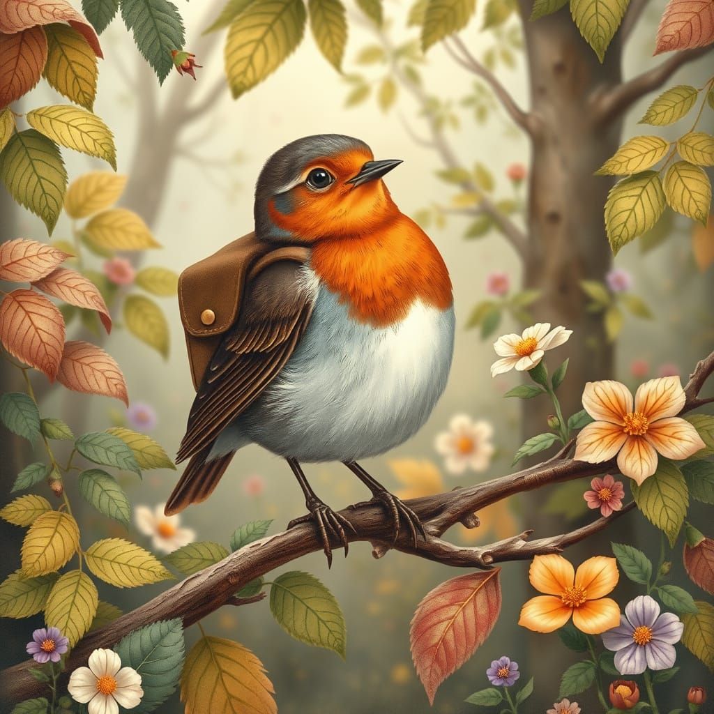 Robin with Backpack in Whimsical Forest Illustration