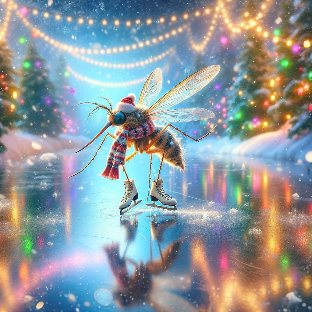 Festive Mosquito Skating on Icy Christmas Lake