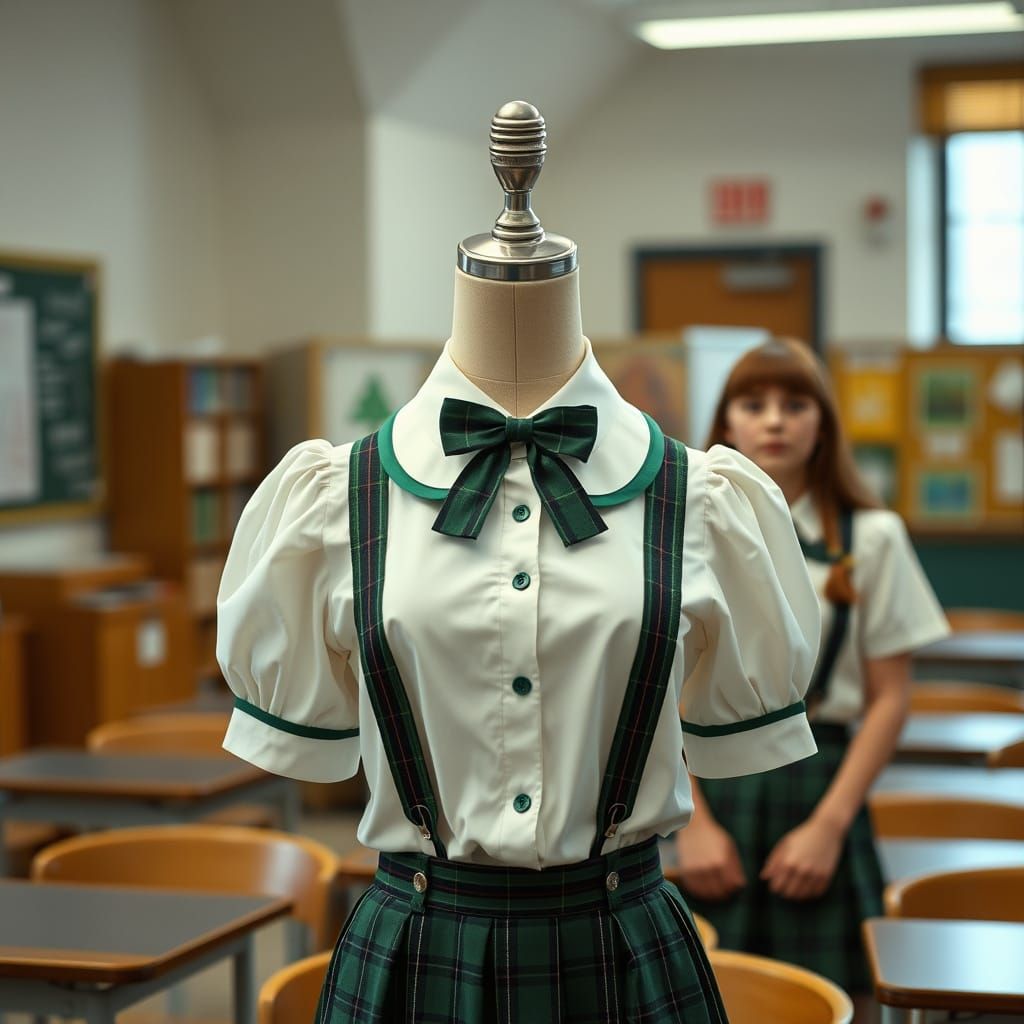 Chrome Schoolgirl Uniform in Classroom: Cinematic Still