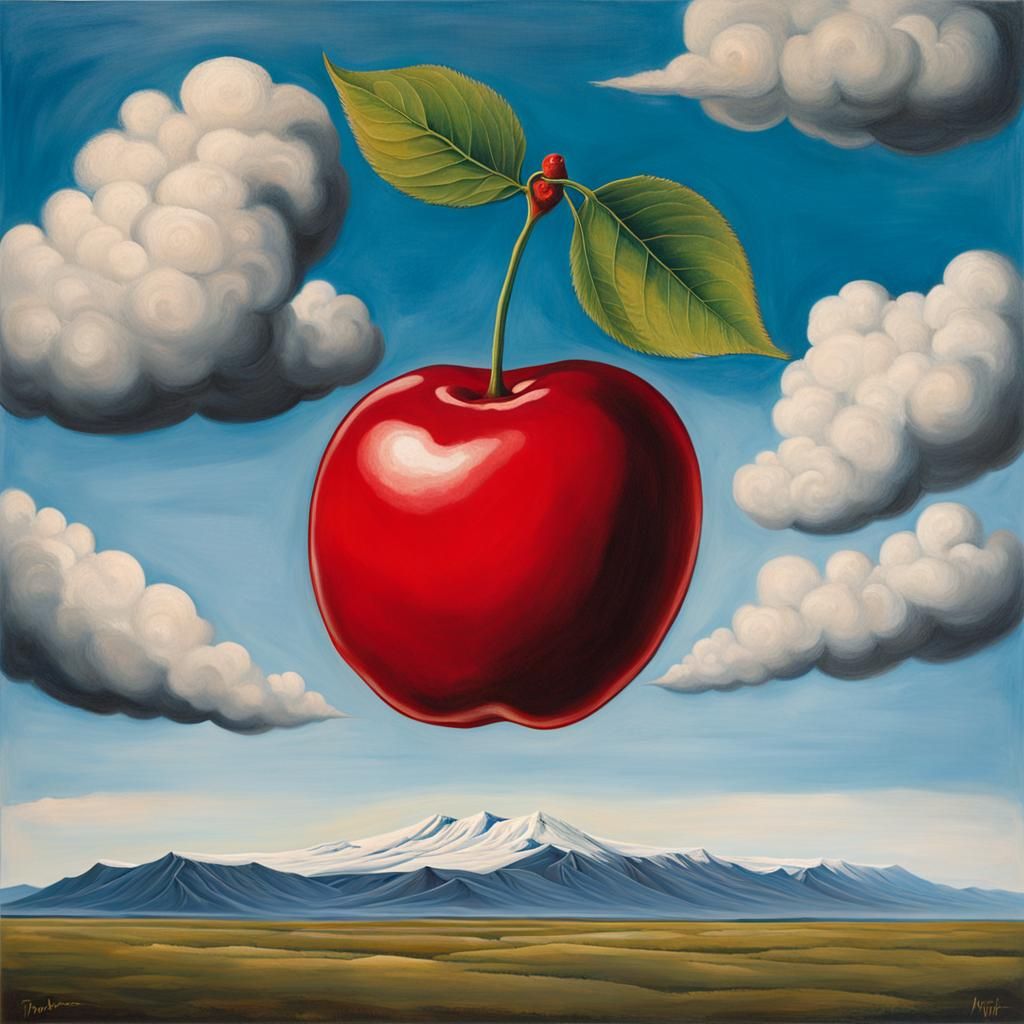 Surreal Red Cherry Over Iceland, in Magritte Style