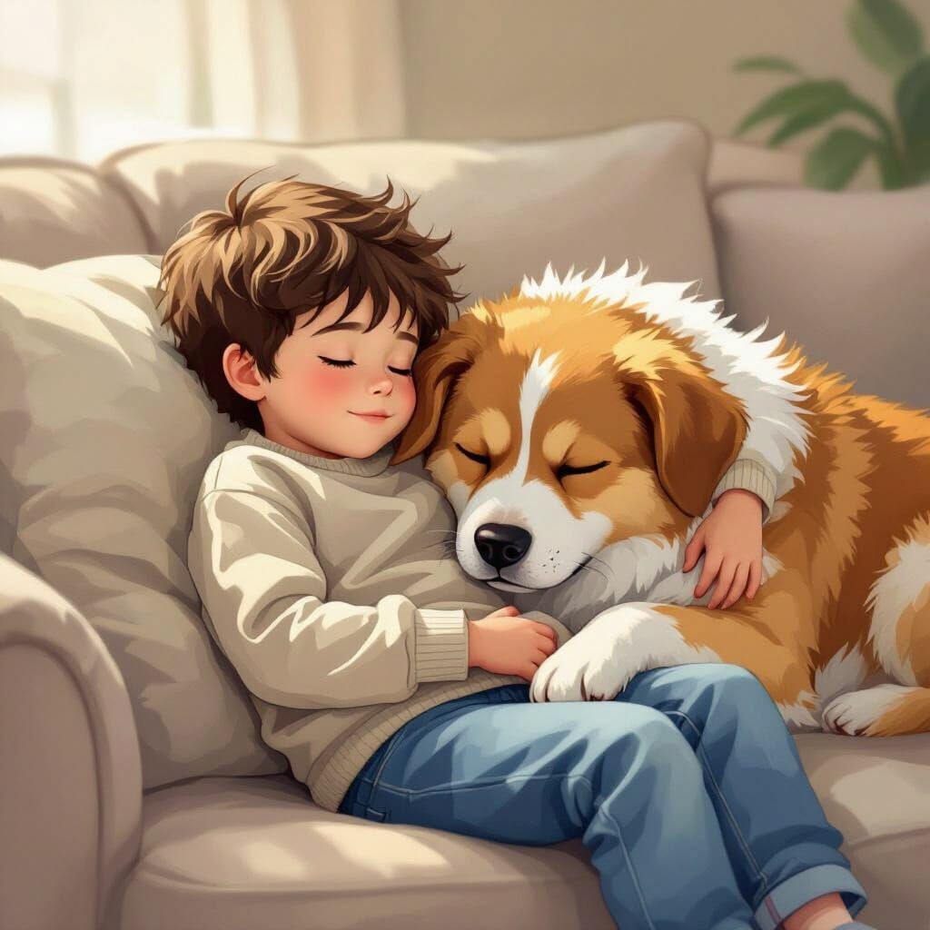 Boy and Dog Sleeping: Disney Anime Impressionism Style