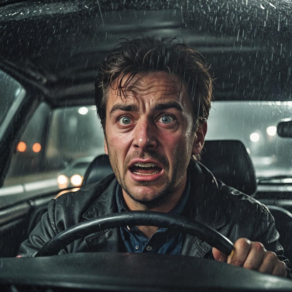 Scared Driver in Car, Rainy Night, Photorealistic Close-Up