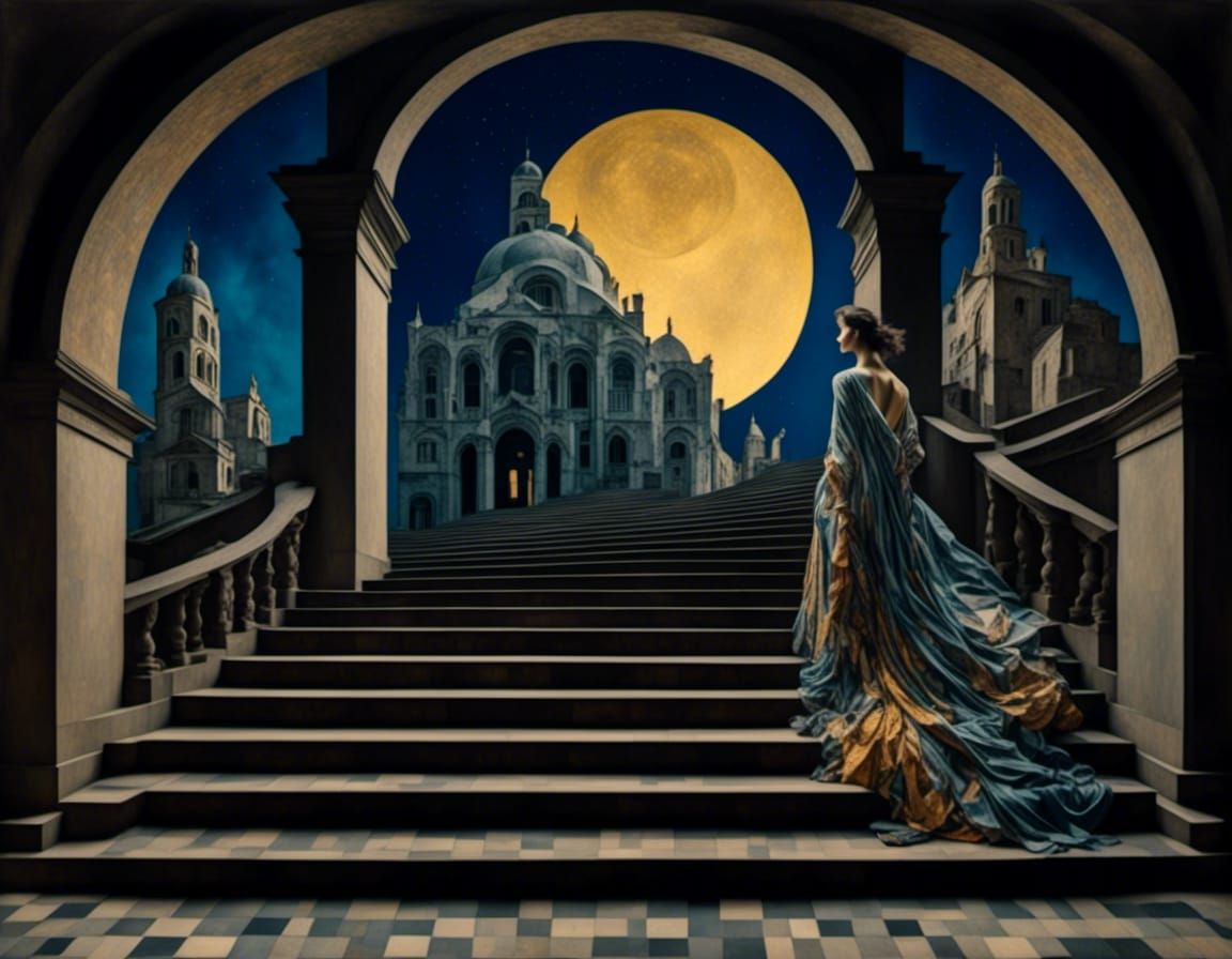 Surreal Stairway Cathedral with Dancing Woman
