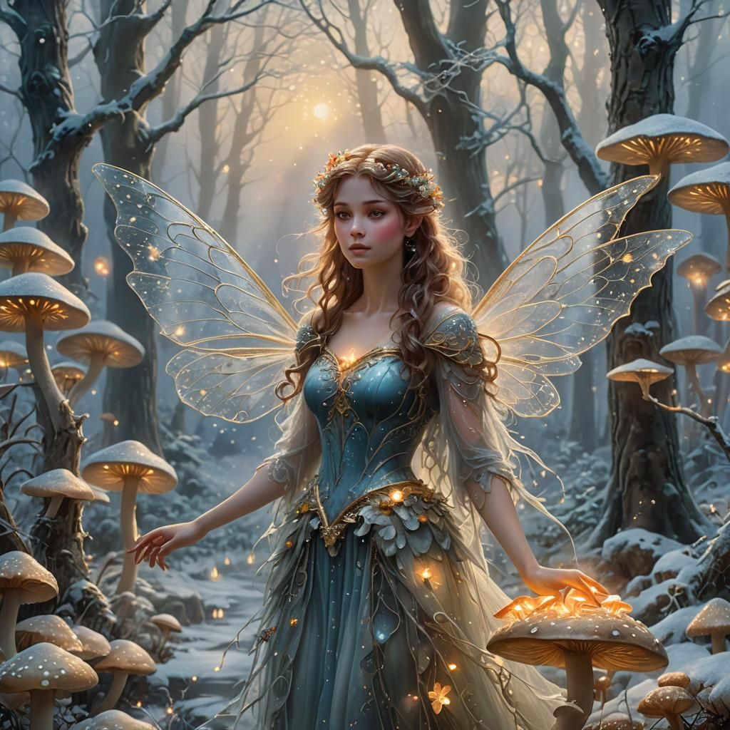 Winter Fae in Misty Forest: A Fantasy Oil Painting