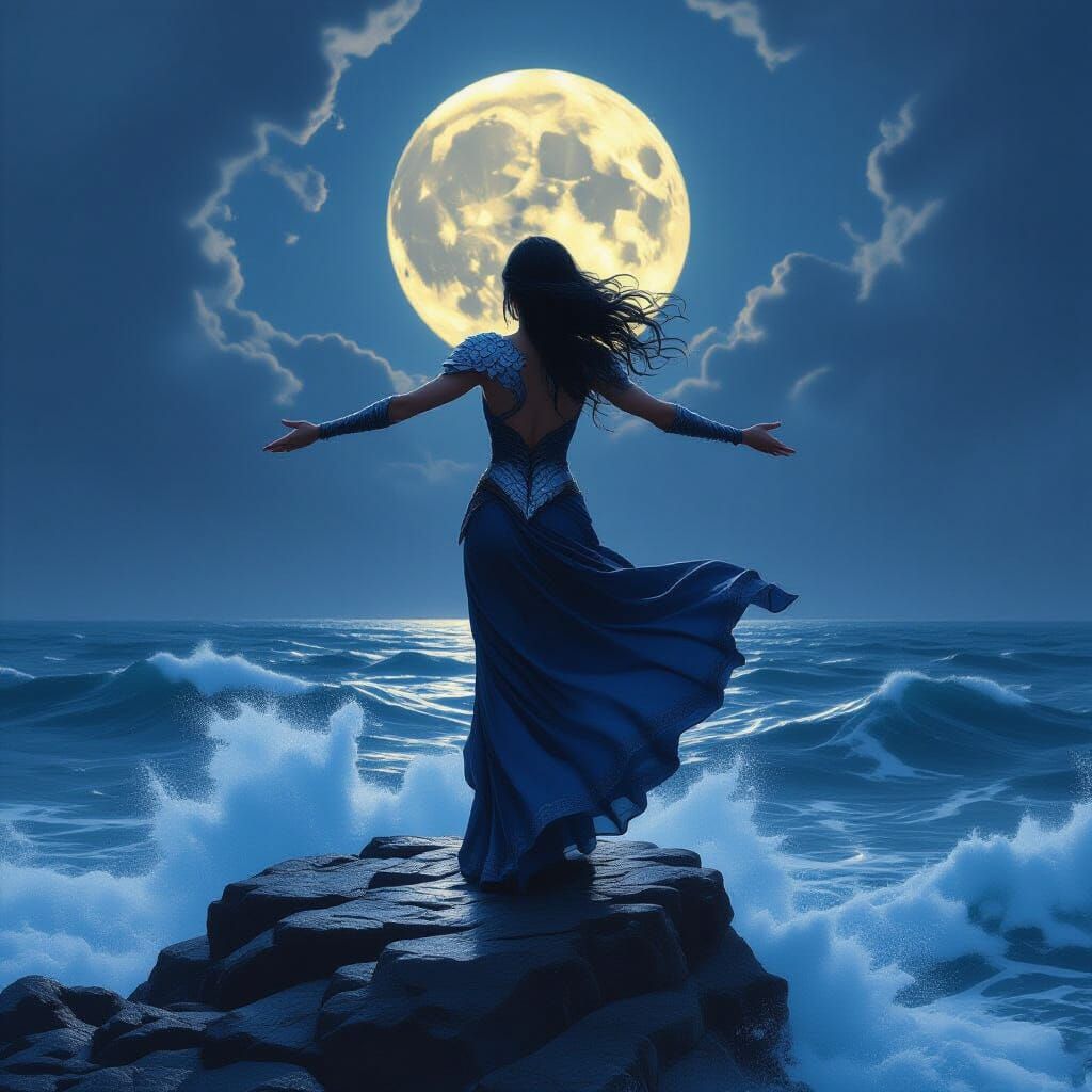 Stormy Ocean Siren Reaching for the Moon