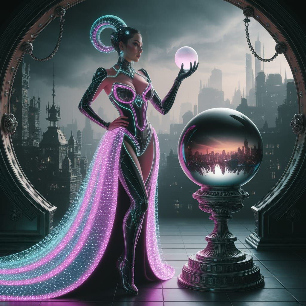 Cyberpunk Oracle in Shimmering Gown, Gazing into Crystal Bal...