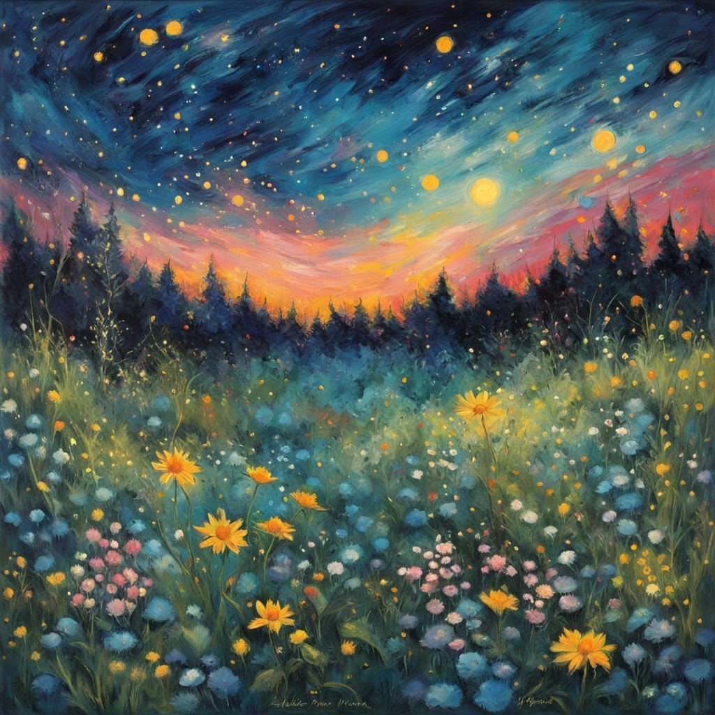 Dreamy Night Meadow in Vibrant Abstract Expressionism