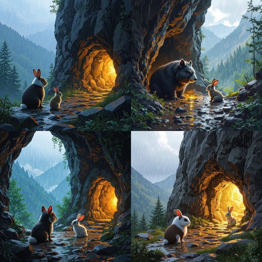 Bholu and Rabbit Find Safe Cave Entrance in Detailed Matte P...
