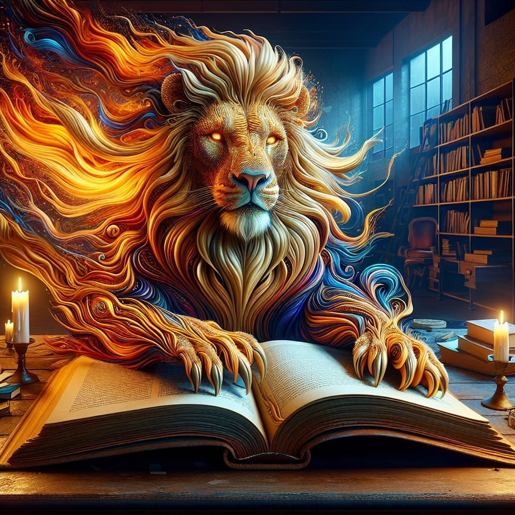 Regal Lion Emerges from Antique Book in Vibrant Workspace