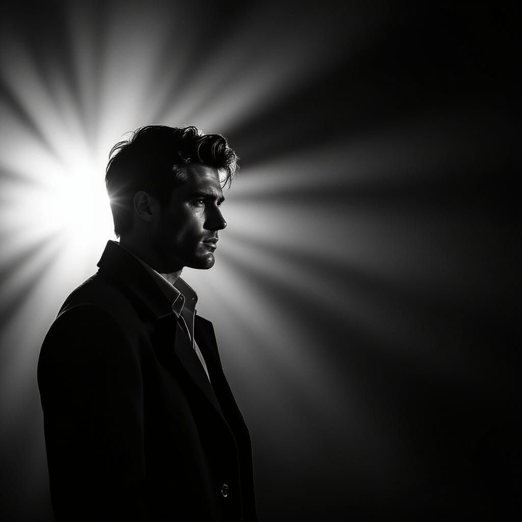 Cinematic Noir Portrait of Introspective Young Man at Dawn