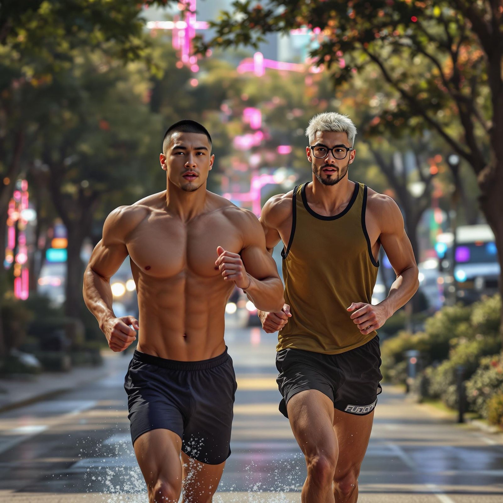 Hyperrealistic Athletes Run in Futuristic City Park