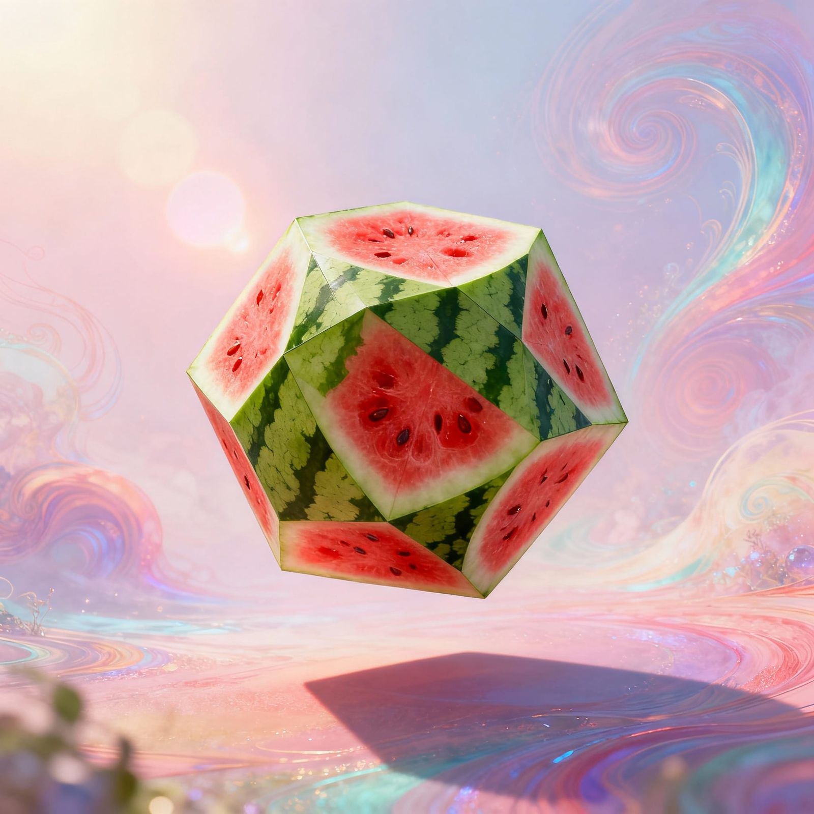 Watermelon Tesseract in Surreal Pastel Swirls