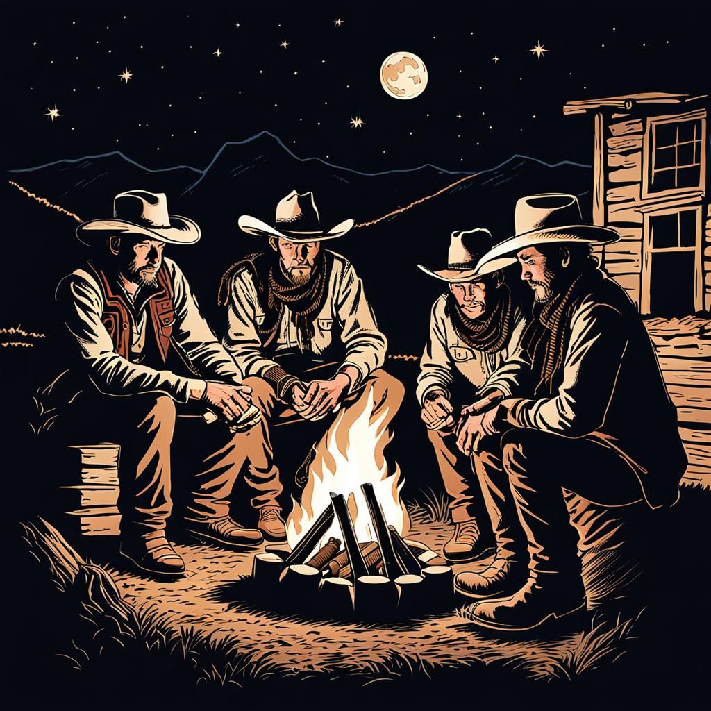 Center cowboys sitting around a fire at night.