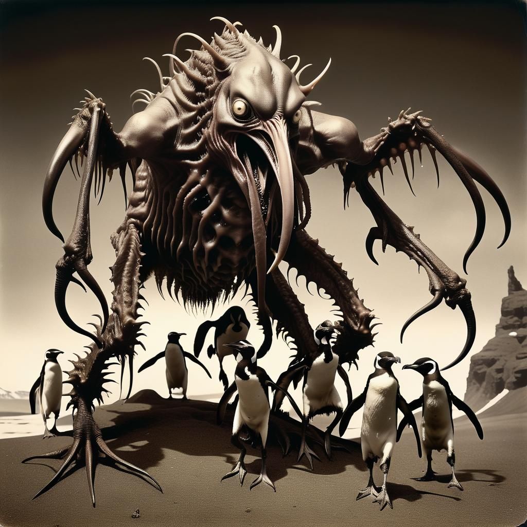 Lovecraftian Horror: Daemon and Penguin, Sepia Photograph
