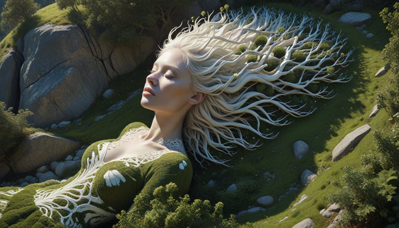 Surreal Landscape: Albino Woman Merging with Nature