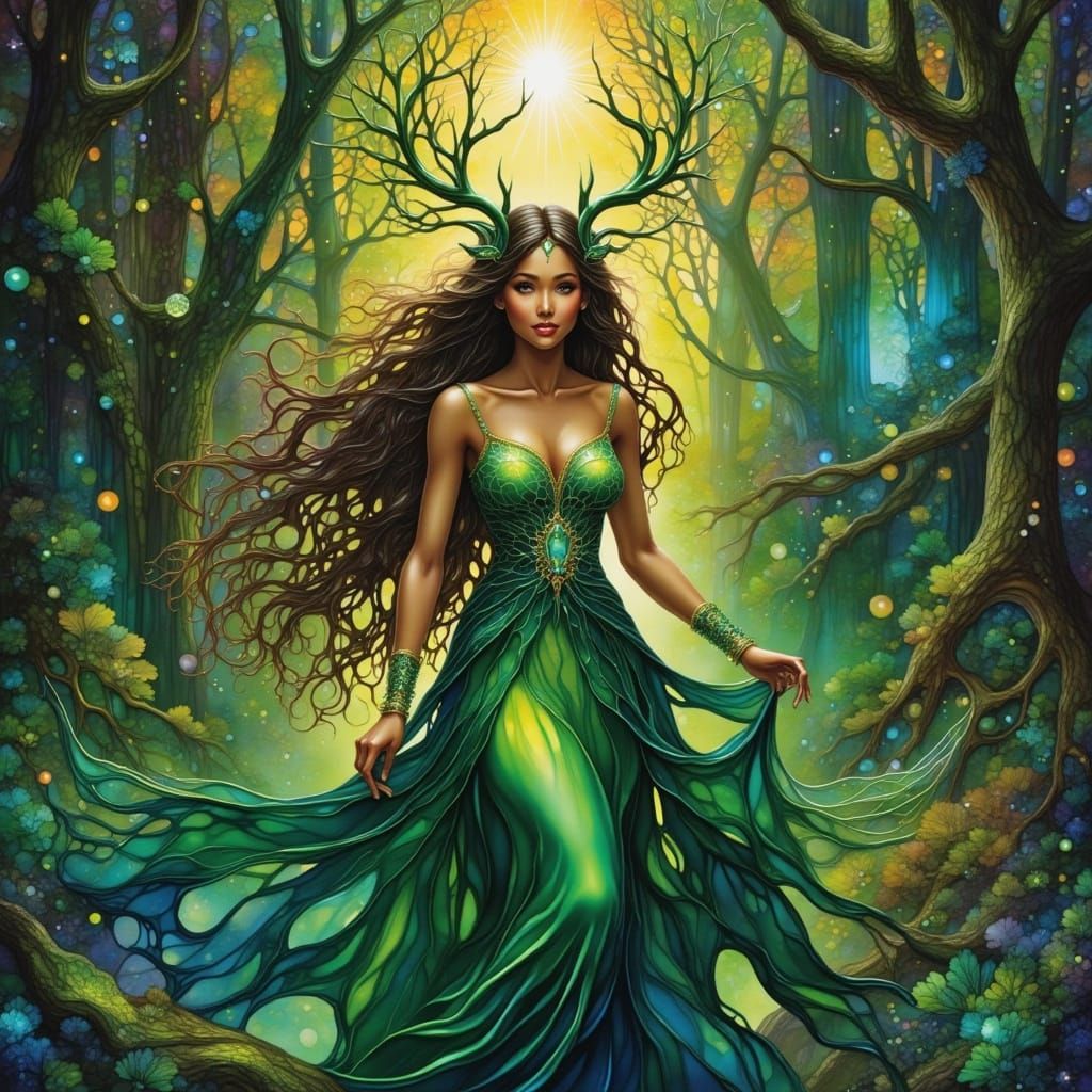 Emerald Forest Goddess in Dreamlike Style