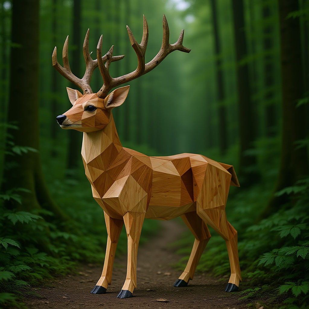 Geometric Wood Sculpture of a Deer
