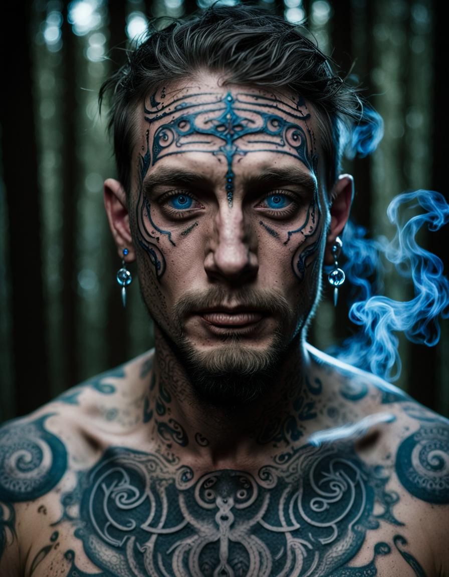 Mystical Man with Tattoos in Dark Fantasy Portrait